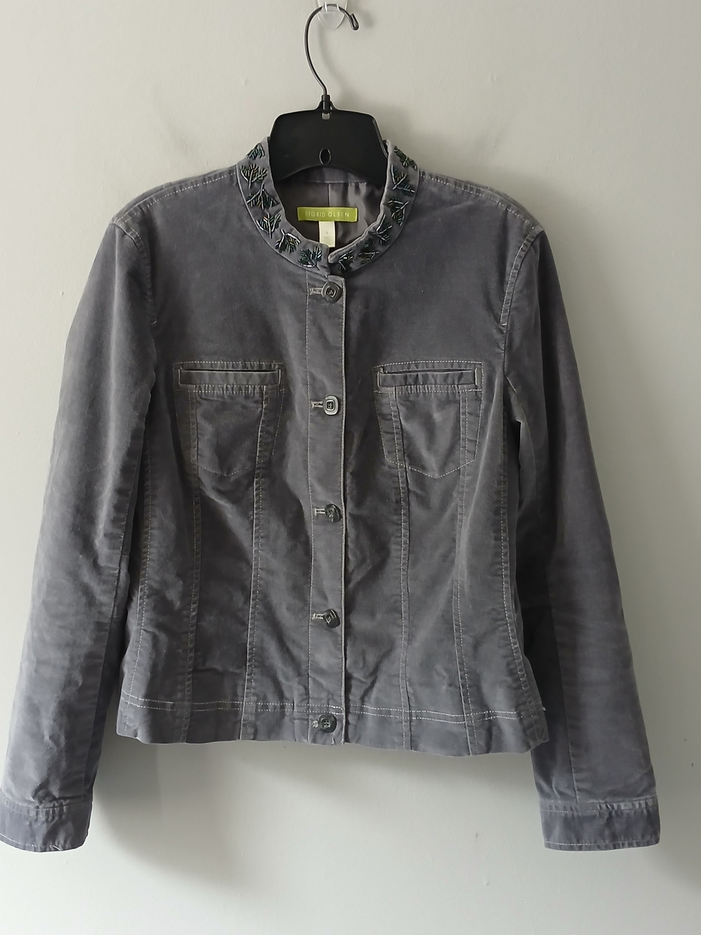Sigrid Olsen Women's Size 6 Velvet Beaded Gray Jacket Cotton Blend Pockets Y2K